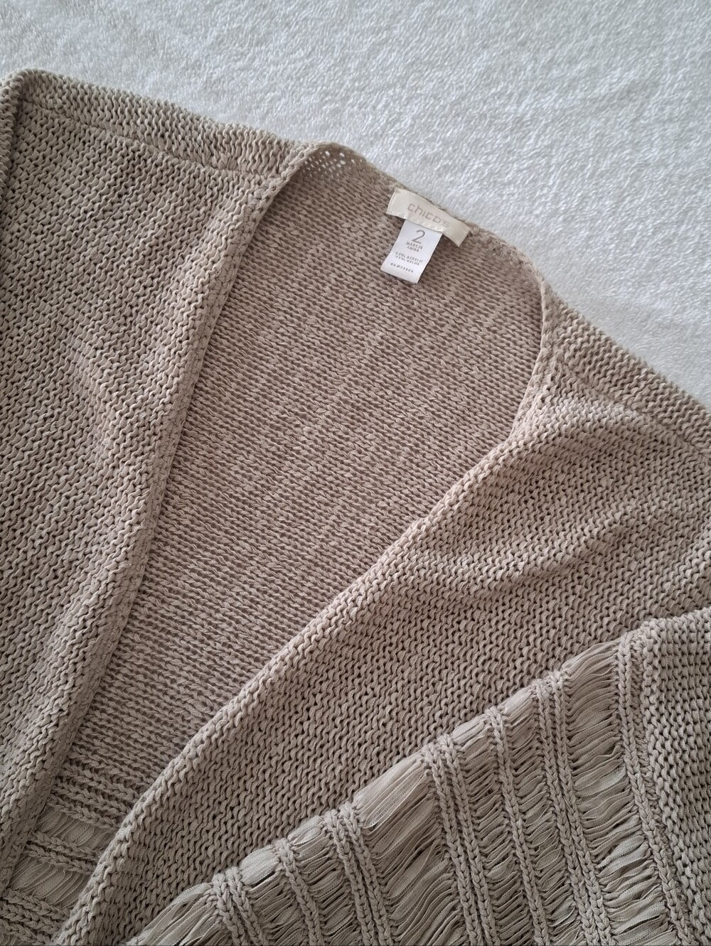 Chicos Size 2/L Open Cardigan Sweater Beige Women's Acrylic Nylon Open Knit